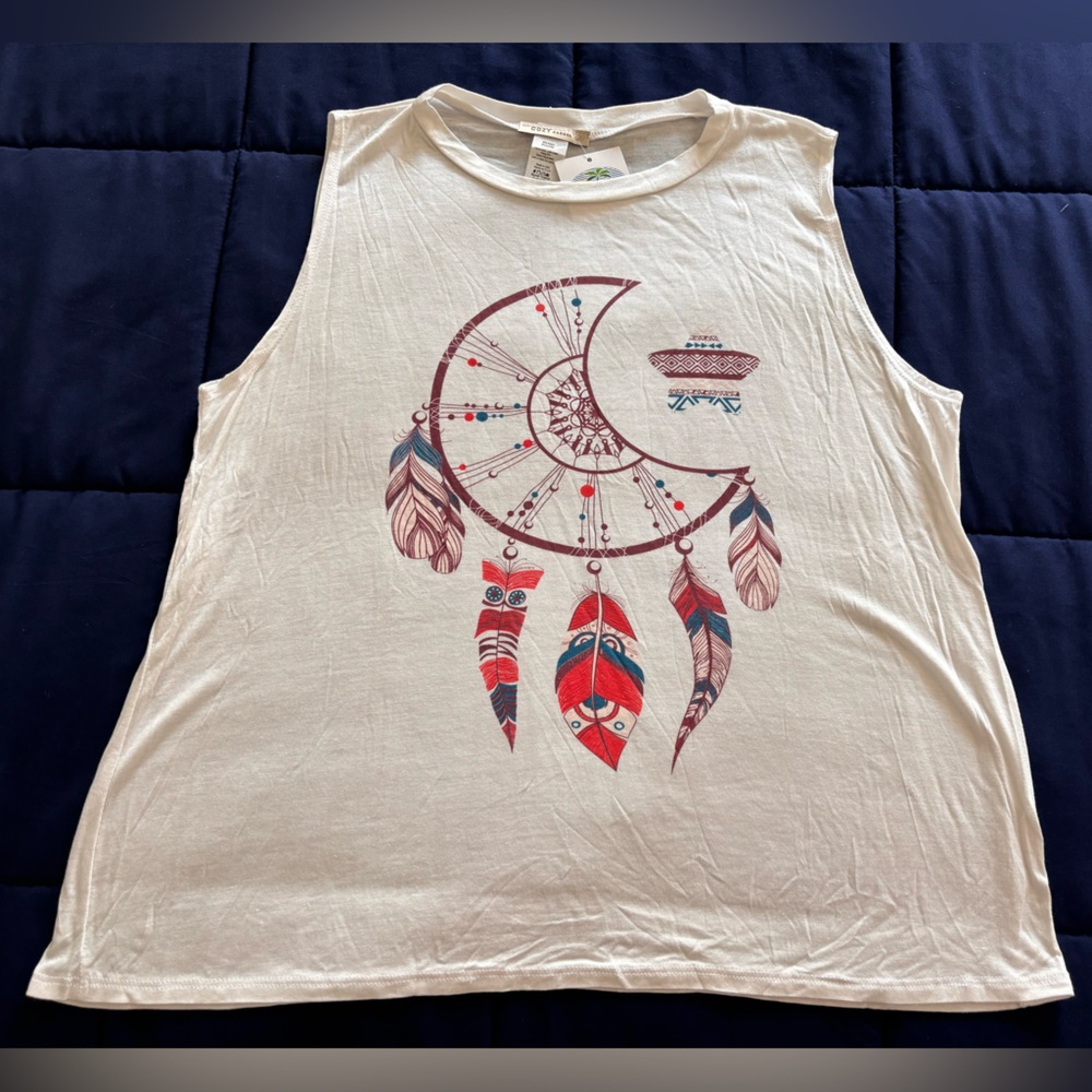 Cozy Casual Cream Tank Top with Moon Dream Catcher